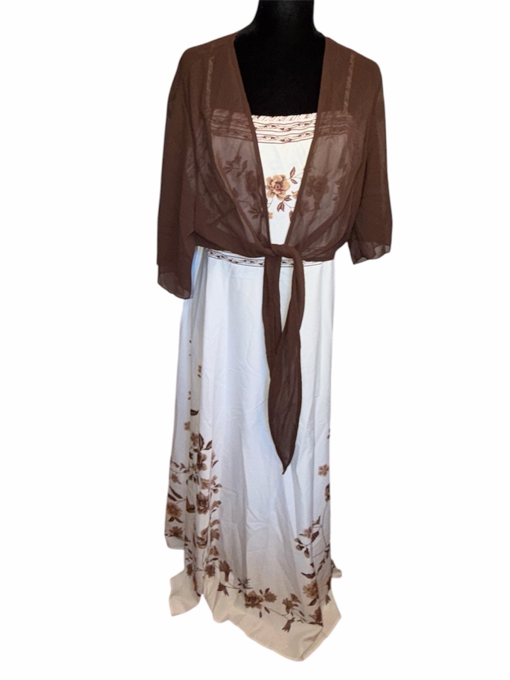 🆕SHEIN White w Brown Flower Dress w Semi Sheer Wrap
